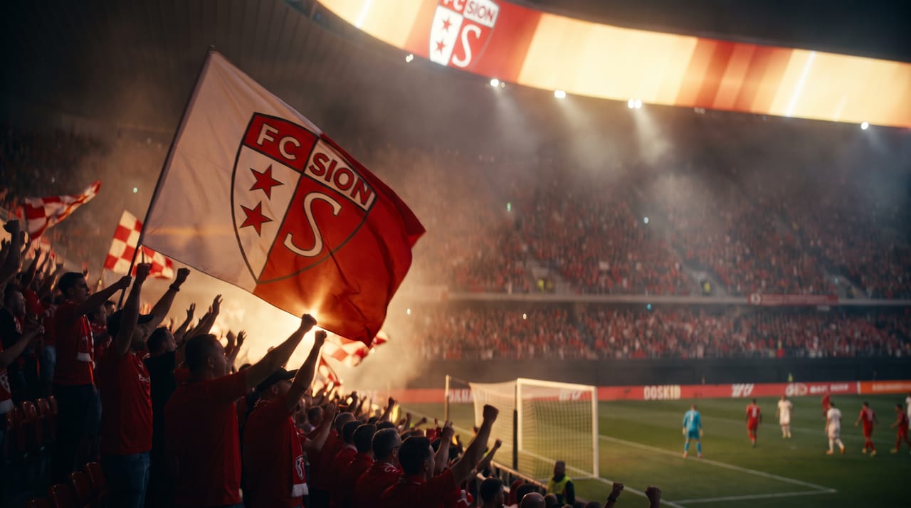 Supporters du FC Sion agitant le drapeau du club