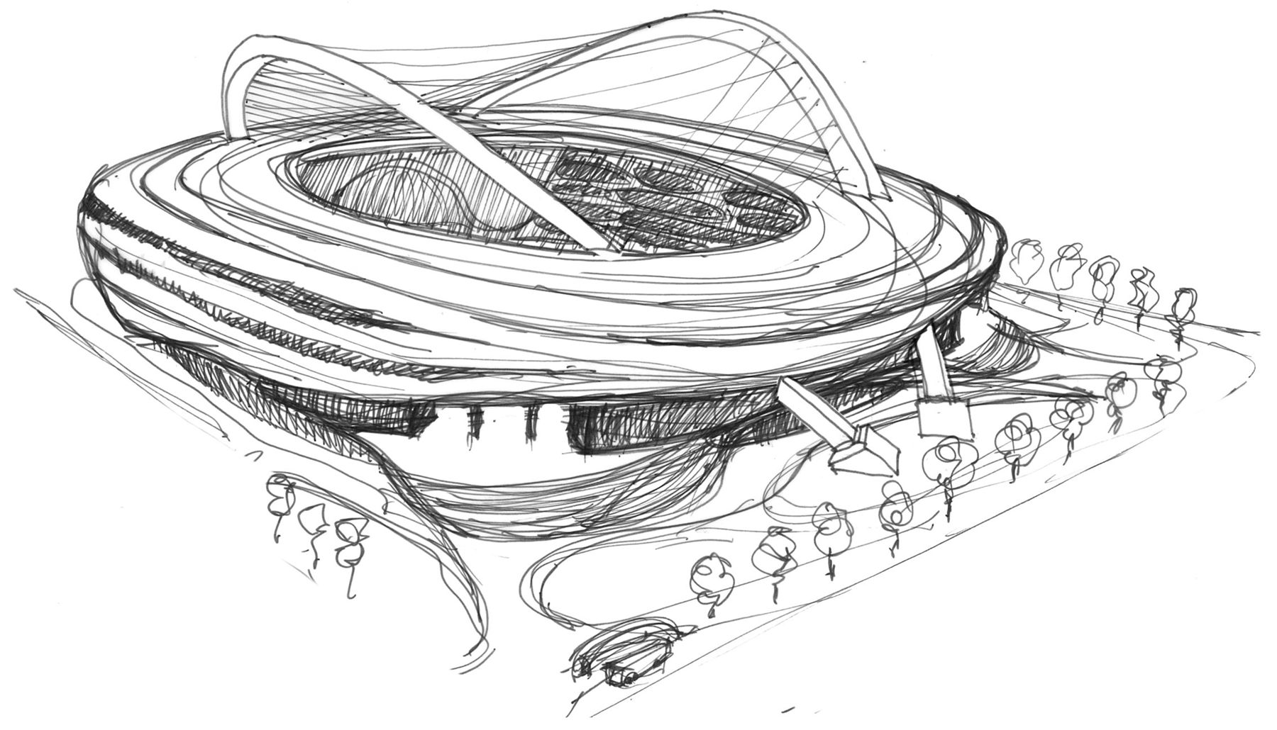 Croquis à main levée du stade, de ses arcs et de son parvis arboré
