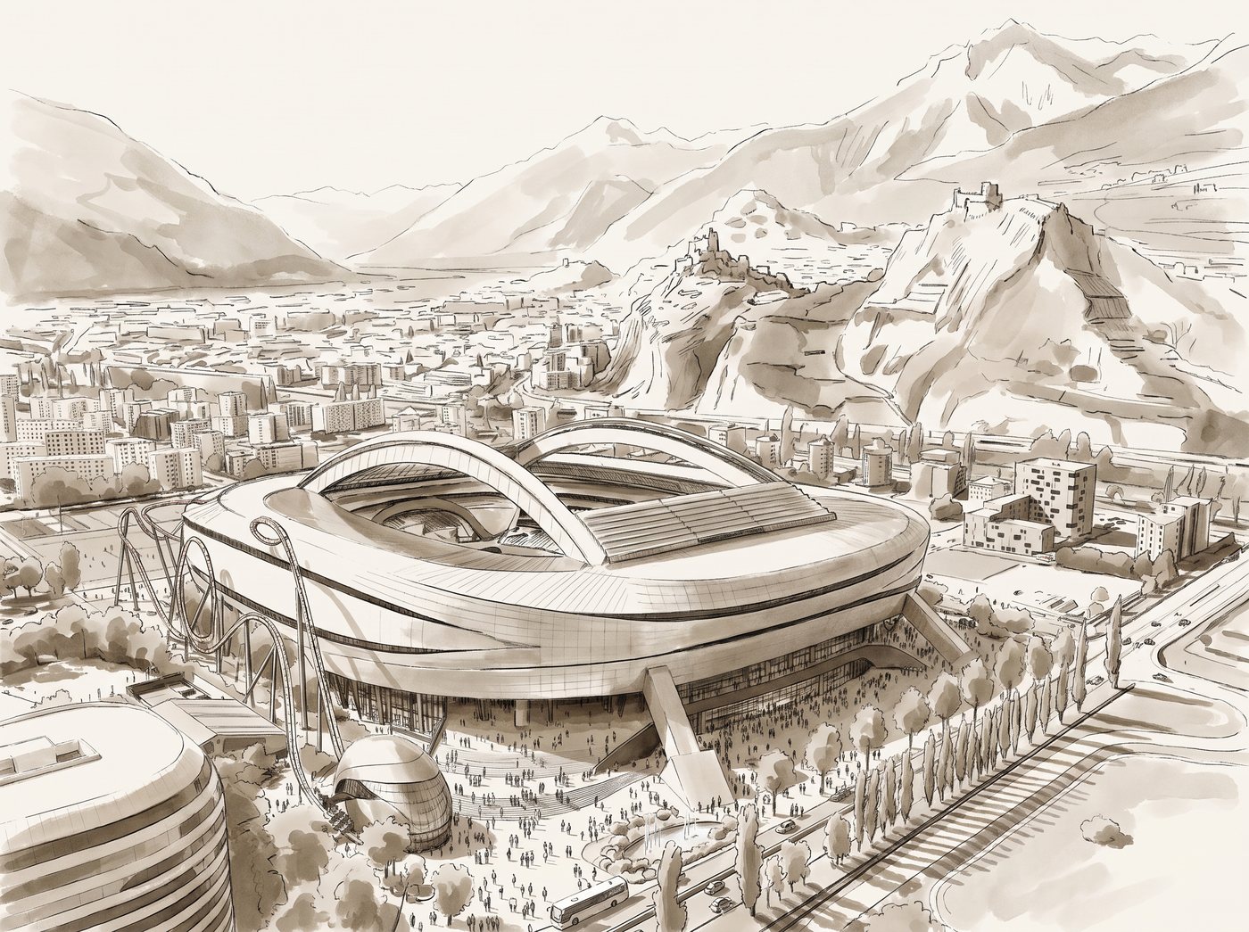 Croquis du Cervin Coliseum dans la plaine de Sion, face à Valère et Tourbillon