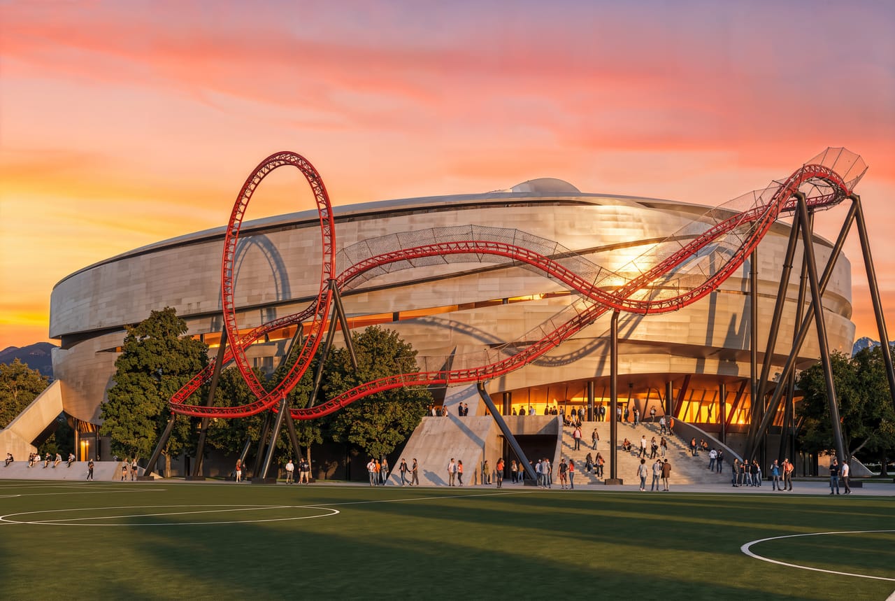 La façade de pierre claire et les montagnes russes rouges au coucher du soleil