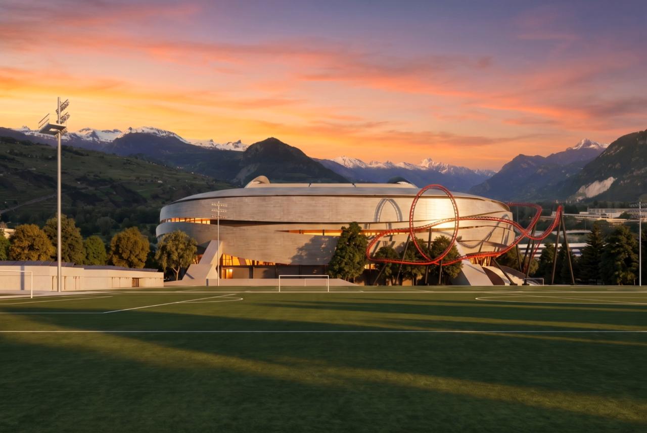 Le Cervin Coliseum au crépuscule, au pied des Alpes valaisannes
